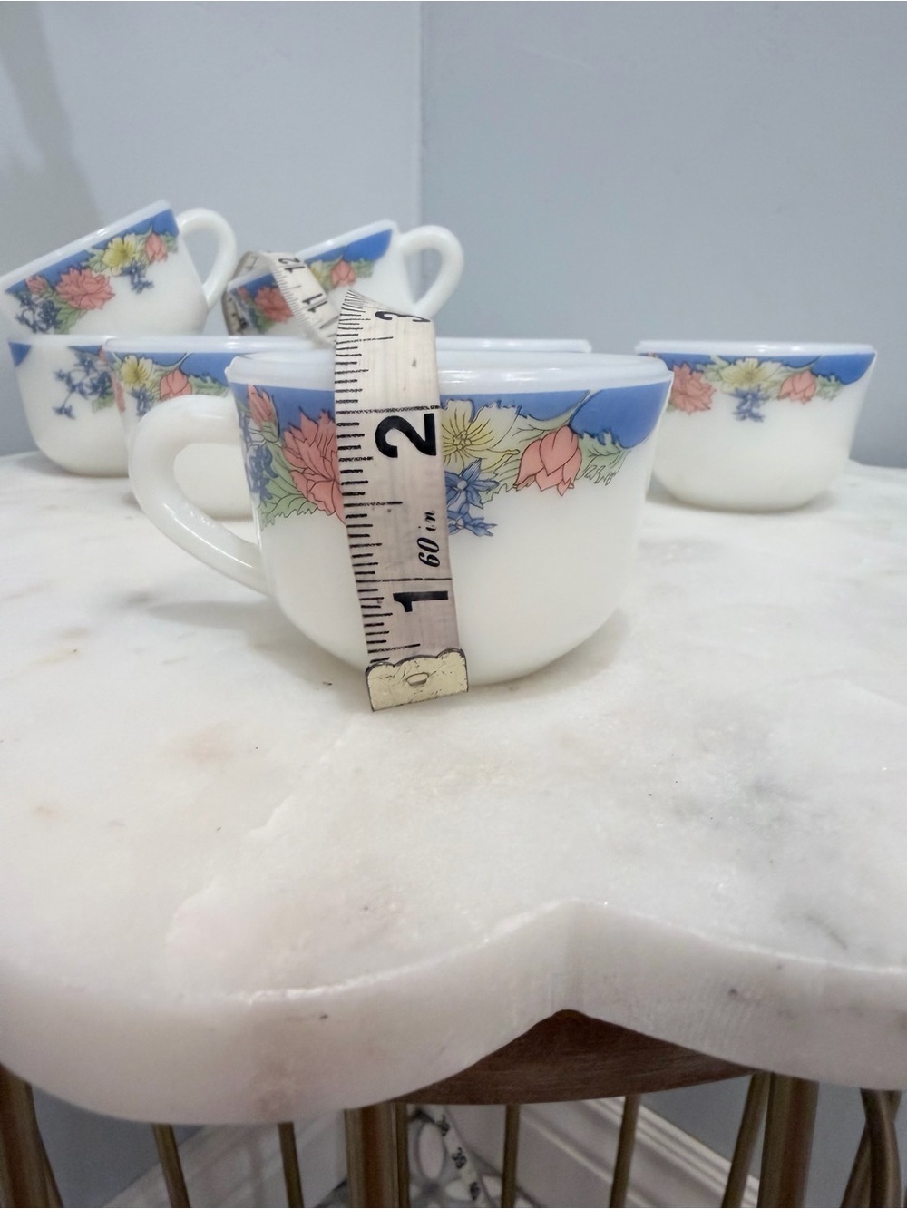 Vintage 90s Duropal French Opal Glass Teacups Set 7 Floral Blue Rim Coffee Cups - Picture 12 of 13